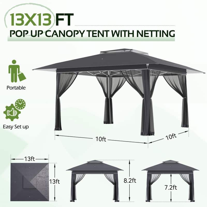 13x13 FT Pop Up Canopy Tent with Netting, UPF 50+ Outdoor Canopy with Automatic Eaves & One-Push Lock, for Patio & Parties
