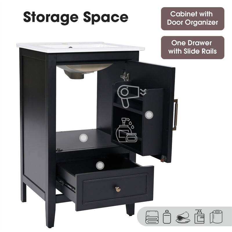 20" Bathroom Vanity with Ceramic Sink Combo, Freestanding Bathroom Storage Cabinet with 1 Door, 1 Storage Drawer and Door Shelf