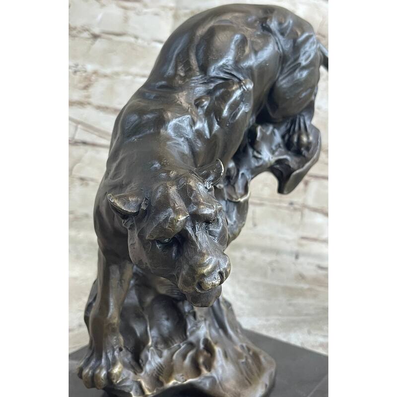Pouncing Cougar Mountain Lion Cat Bronze Statue Sculpture Figure 11.5 Inches X 12 Inches