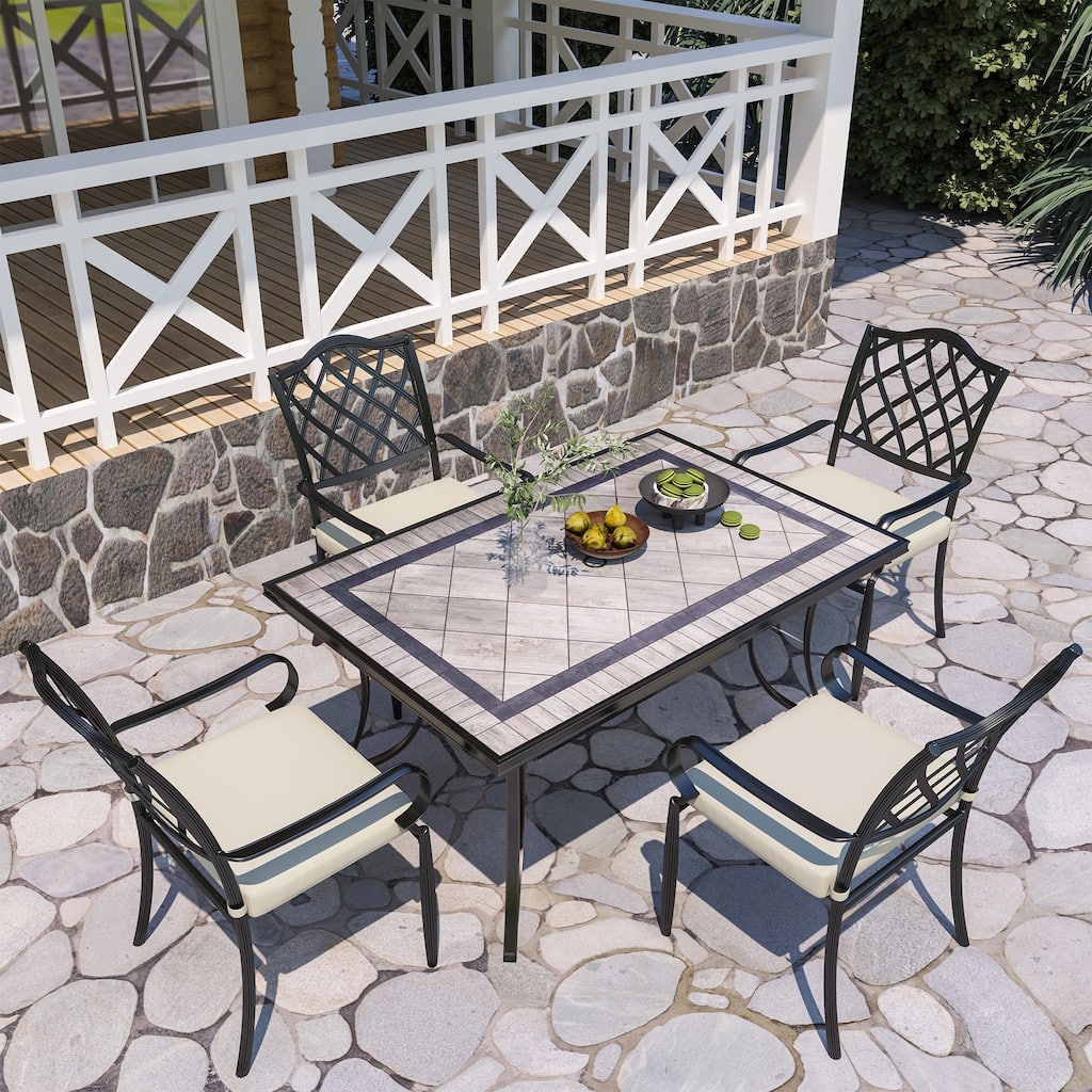 Cast Aluminum 5-Piece Outdoor Patio Dining Set with Ceramic Tile Top Table and Chairs