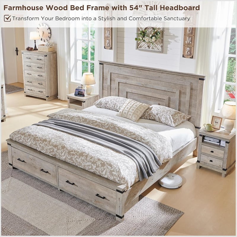 Farmhouse Wood Bed Frame with 54" Tall Headboard, 2 Large Drawers