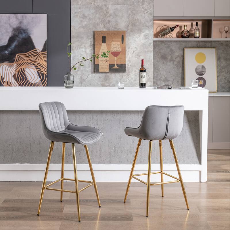 2 Bar Stools with Chrome Footrest Velvet Fabric Counter Stool Golden Leg Simple Bar Stool - N/A