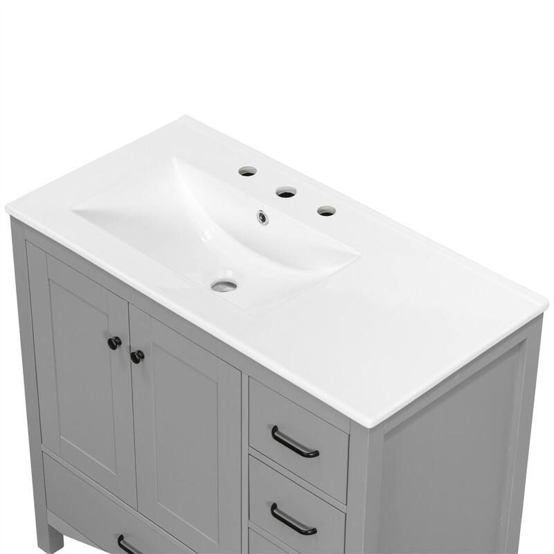 36'' Bathroom Vanity with Ceramic Sink Combo, Modern Bathroom Vanity Cabinet with 2 Soft Close Doors and 5 Storage Drawers