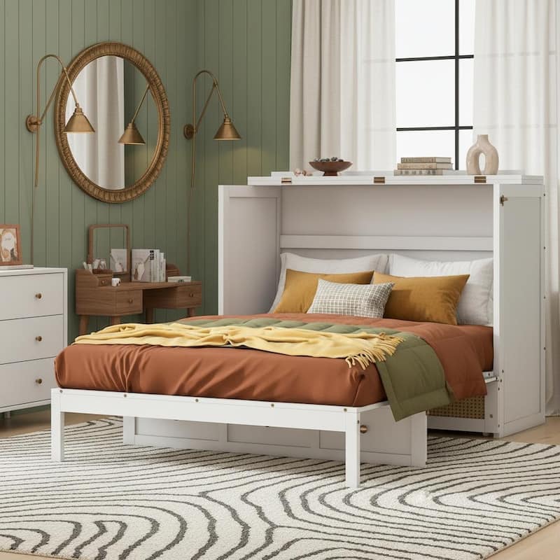 Convertible Full Size Murphy Bed Cabinet with Rattan Accents and Storage Drawer by Harper&Bright Designs