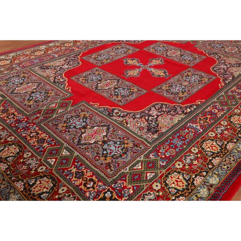 Red Geometric Tabriz Turkish Area Rug Machine-Made Carpet - 9'7" x 12'10"