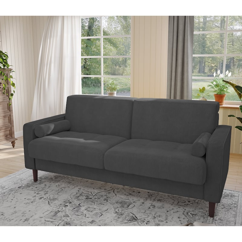 Modern Corduroy 2 Seater Sofa with Bolster Pillows - Grey