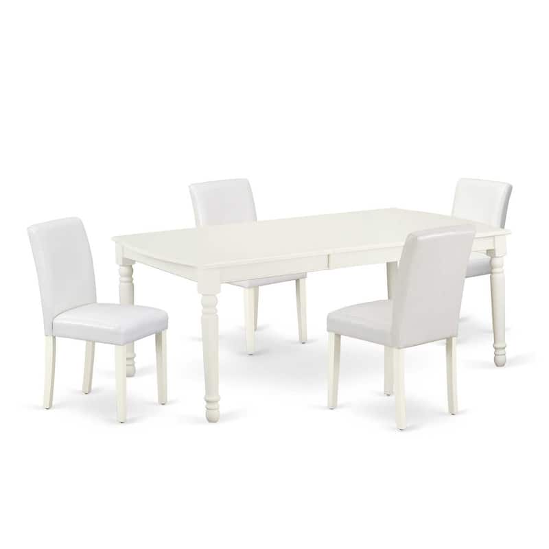 Rectangular Dining Table Set - 5pc Table & 4 Chairs - White PU Leather - 60"x36" with Leaf