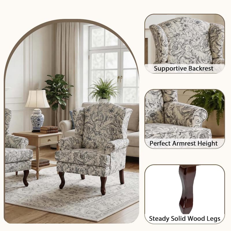 2 Set Traditional Rolled Arm Wing Back Accent Chair