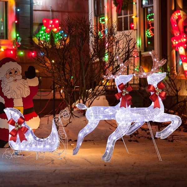 3-Piece Set of 2 Reindeer & Sleigh with Pre-lit 270 LED White