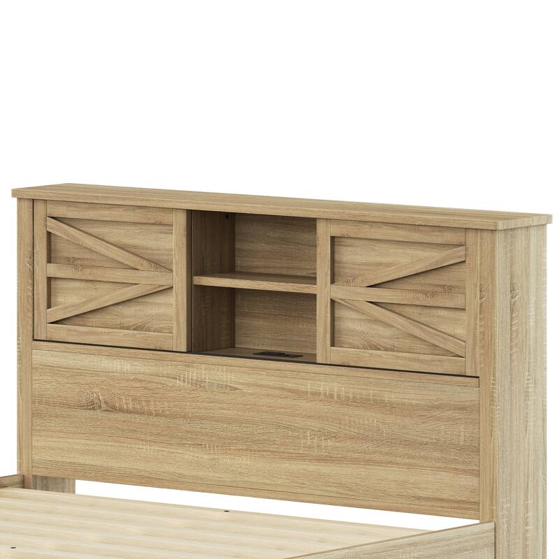 3-Pieces Bedroom Sets Queen Size Farmhouse Platform Bed with Double Sliding Door Storage Headboard and Charging Station