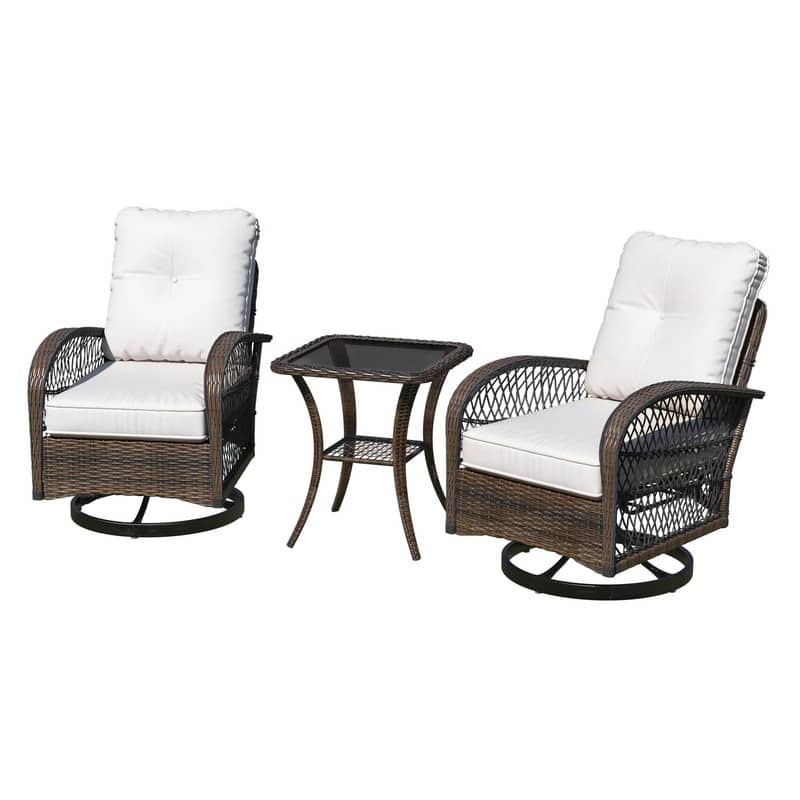Outdoor Swivel Rocker Bistro Set - 3 Piece Wicker Patio Set with Swivel Rocking Chairs, Cushions, and Tempered Glass Side Table