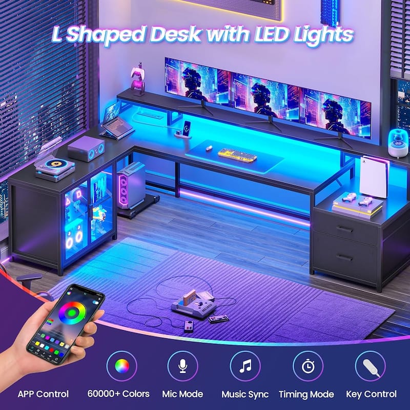 L Shaped Gaming Desk Drawers Computer Desk with Display Cabinet
