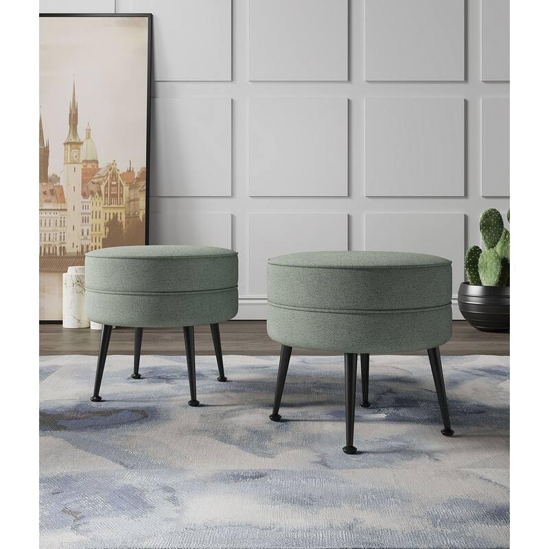 Manhattan Comfort Bailey Mid Century Modern Woven Upholstered Round Ottoman - Set of 2 - Sage Green Black
