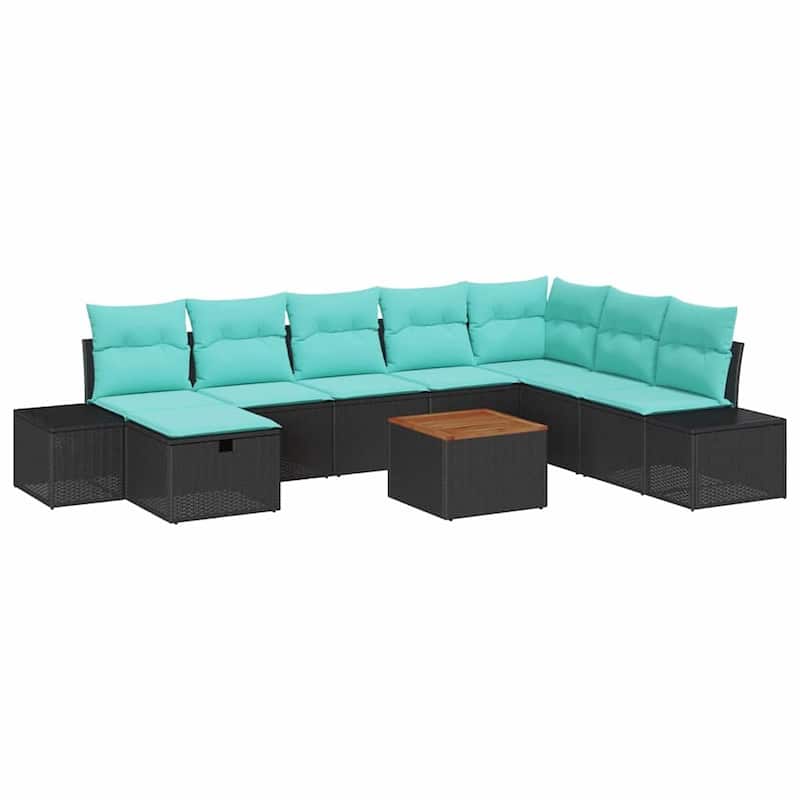 vidaXL 9 Piece Garden Sofa Set with Cushions Black Poly Rattan - 125.6×82.3×27.2
