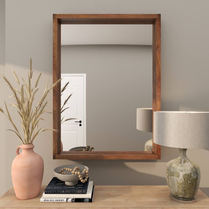 Mango Wood Wall Mirror with Natural Wood Grain and Deep Set Frame - Brown - Roche River Decor