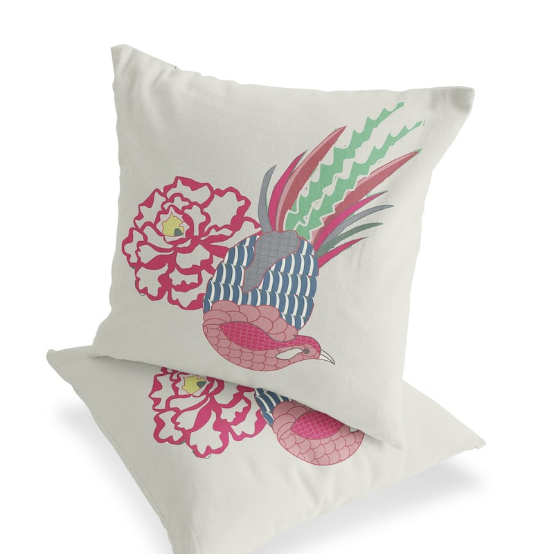 HomeRoots Set of Two 16" X 16" Pink and White Peacock Blown Seam Floral Indoor Outdoor Throw Pillow - 16.00' X '16.00' X '5.00