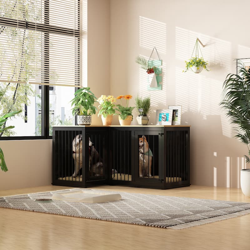 Large Corner Dog Crate Furniture, Wooden L Shaped Double Dog Kennel
