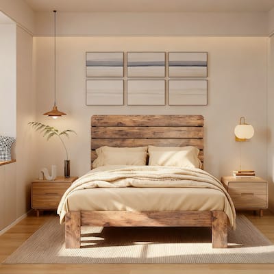 Industrial Farmhouse Style Wooden Platform Bed - No Box Spring Needed