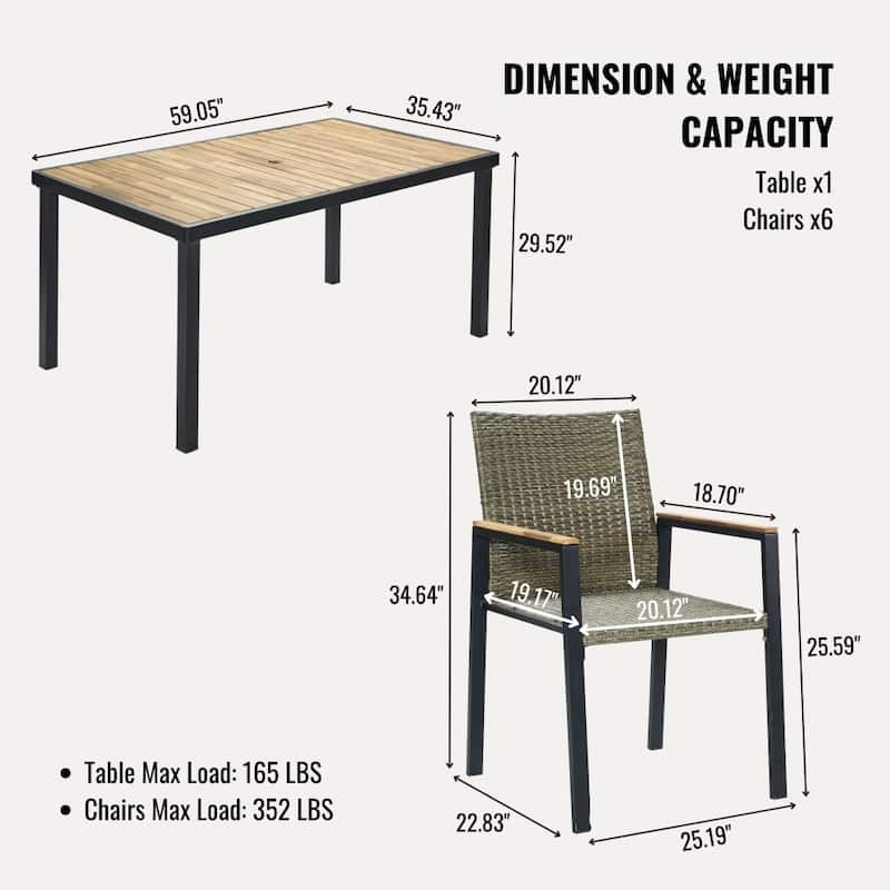 All Weather 7-piece Patio Acacia Wood Dining Sets with Umbrella Hole
