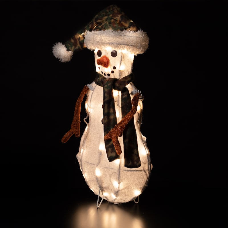 24" Lighted White Green Chenille Snowman Outdoor Christmas Decoration