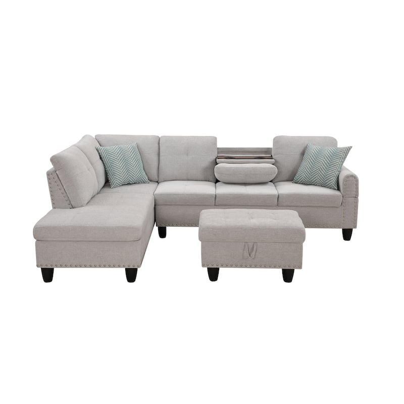 HOMEFUN Linen/Leather Upholstered L-Shaped 4-seater Multifunctional Sectional Sofa with Storage Ottoman,Cup Holder