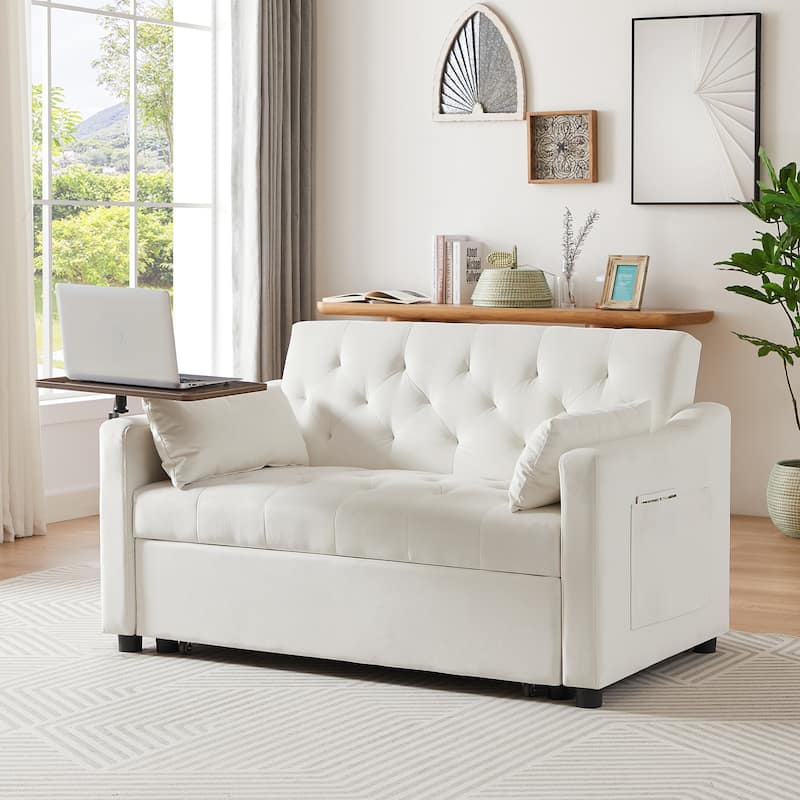 Velvet Pull Out Loveseat Sofa Convertible Sleeper Love Seat Bed w2 Pillow & 2 Pillows, Shelves Futon Sofa for Apartment - White
