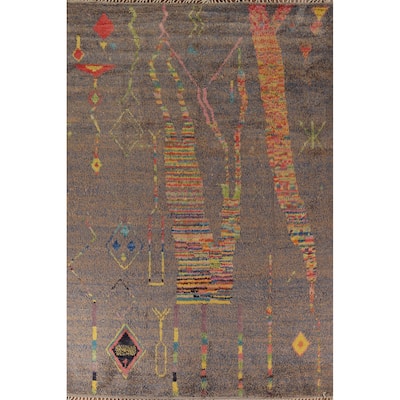 Brown & Blue Moroccan Abstract Area Rug Handmade Wool Carpet - 8'10"x 12'9"