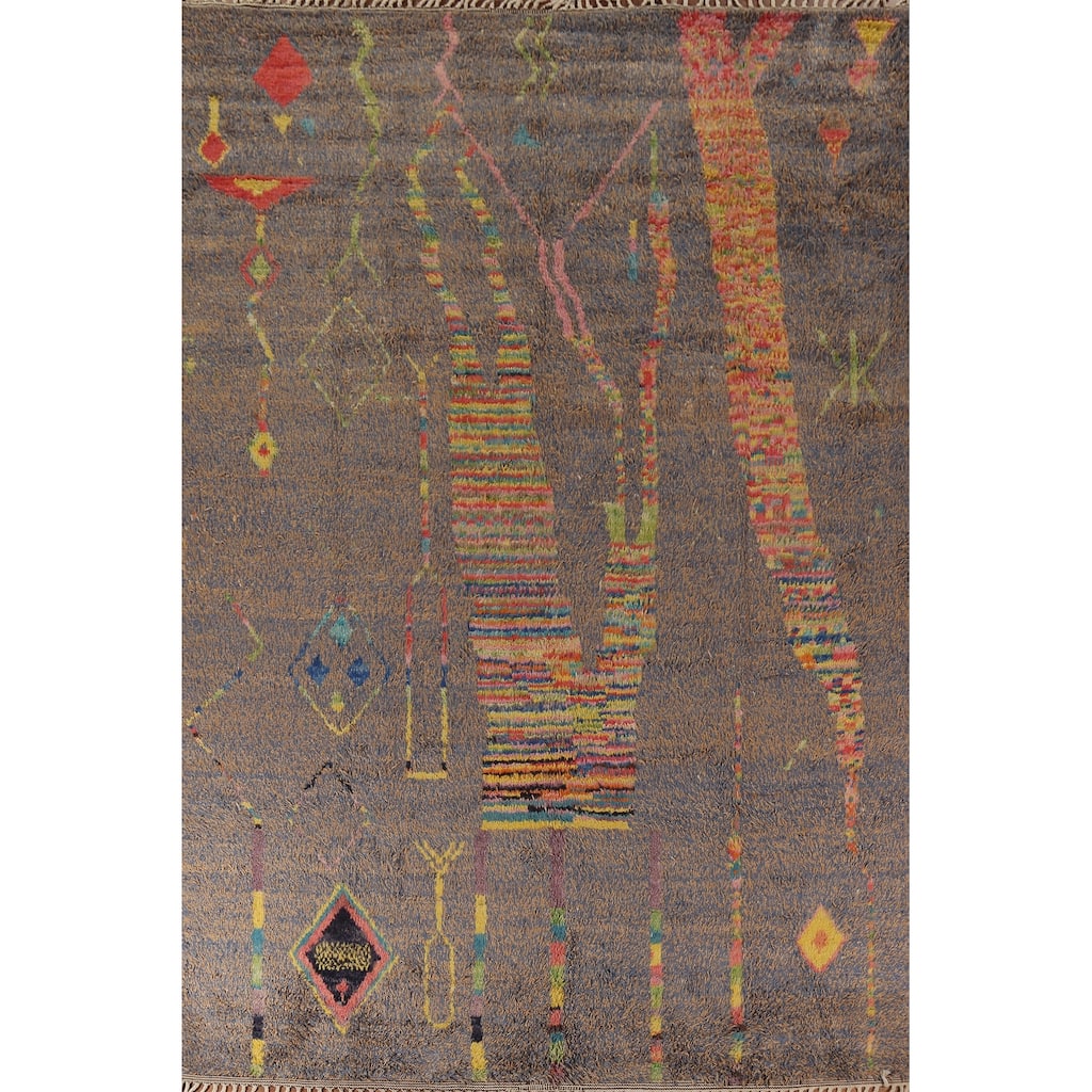 Brown & Blue Moroccan Abstract Area Rug Handmade Wool Carpet - 8'10"x 12'9"