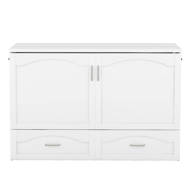 Queen Size Multi-Function Murphy Bed with USB Ports & 2 Drawer, Pulley Structure Design Space-Saving Foldable Wall Bed, White