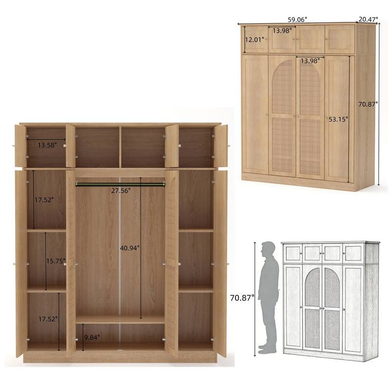 Tall 8 Door Armoire Wardrobe Closet with Hanging Rod and Adjustable Shelves, Rattan Door Storage Cabinet