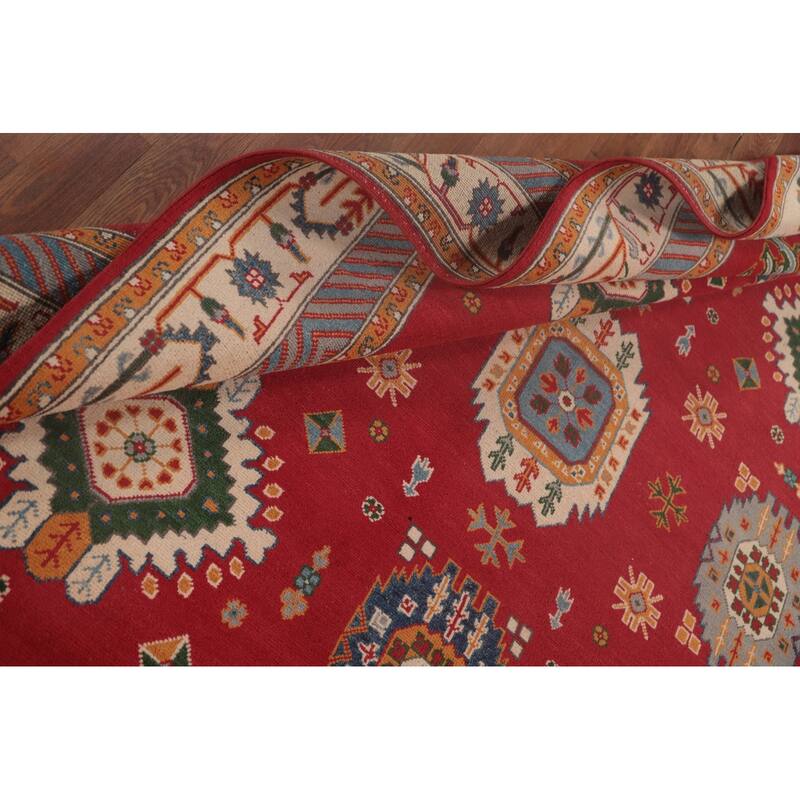 Geometric Red Kazak Area Rug Handmade Oriental Wool Carpet - 6'6" x 9'10"