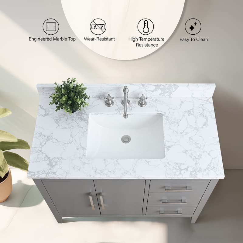 Vanity Art 42" Single Sink Bathroom Vanity Cabinet with Engineered Marble Countertop