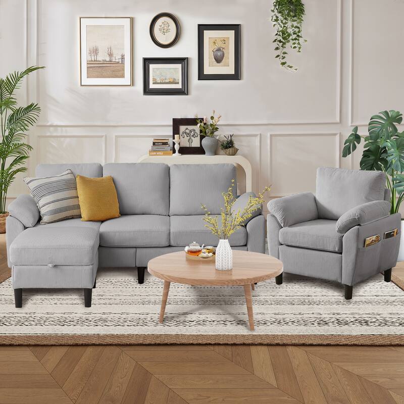 79.72" Corduroy 3 Pieces Living Room Sets Including Sectional Sofa with Storage Ottoman & Side Pockets & Armchair Set - Light Grey