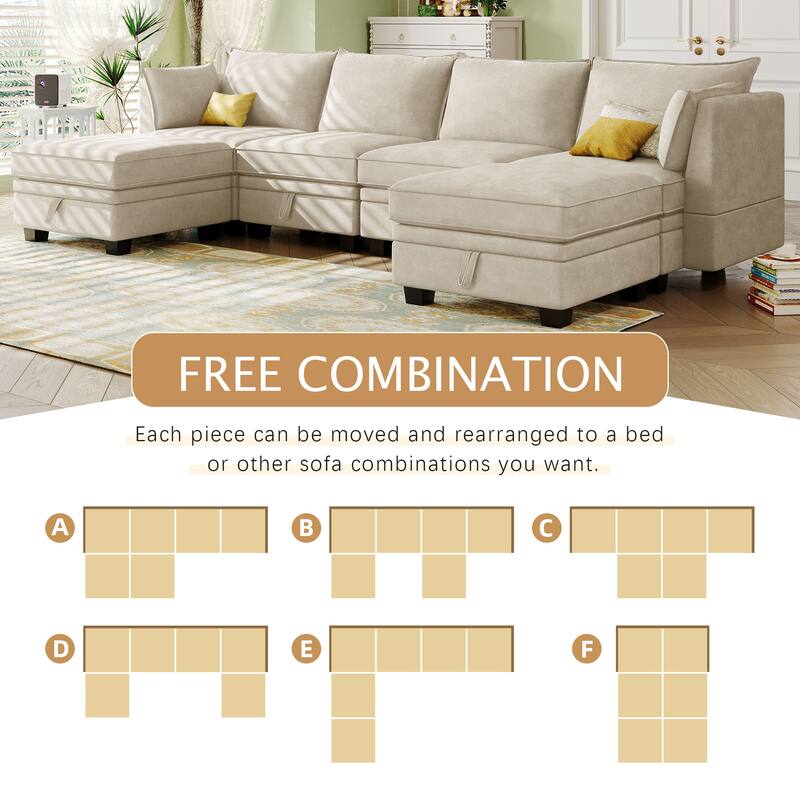 Large U-Shape Modular Sofa Couch with Sofa Bed, Reversible Chaise, and Built-In Storage