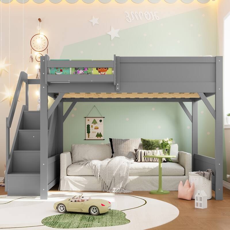 Full Size Loft Bed with Built-in Wardrobe and Storage Space, Solid Wood Loft Bed with Beside Shelves
