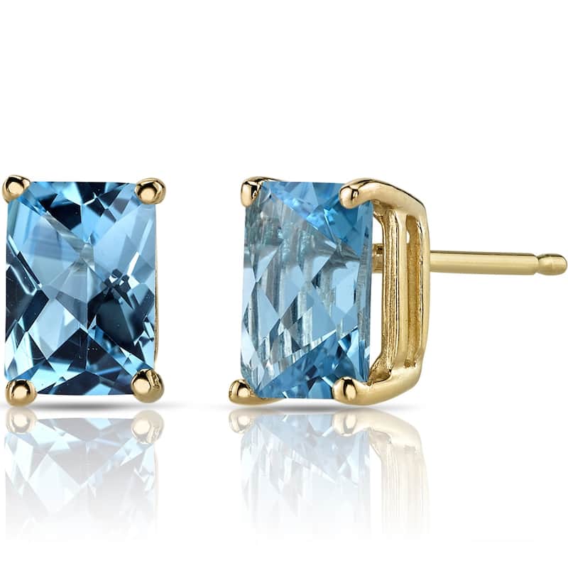 14k Yellow Gold Swiss Blue Topaz Stud Earrings 2.25 ct Radiant Shape