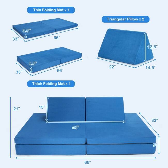 4-Piece Convertible Kids Couch Set with 2 Folding Mats - 66" x 33" x 5.5" (L x W x H)