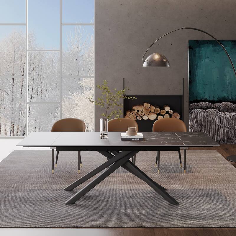 9 - Piece Extendable Rectangular Sintered Stone Cross Legs Dining Set With 8 Chairs For Home or Villa