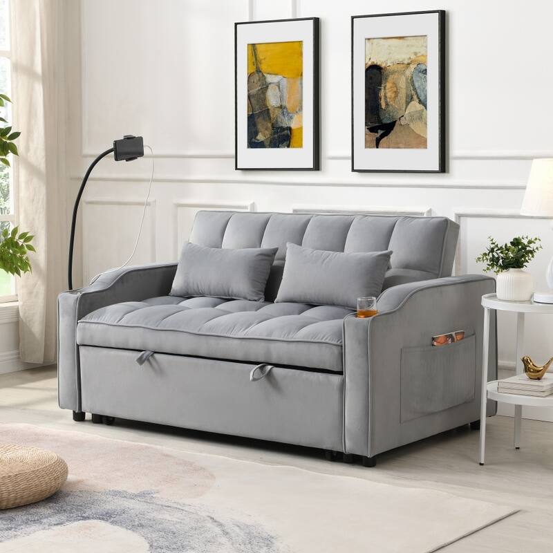 Modern Velvet Loveseat Futon Sofa with adjustable Reclining Backrest,Toss Pillows and Pockets