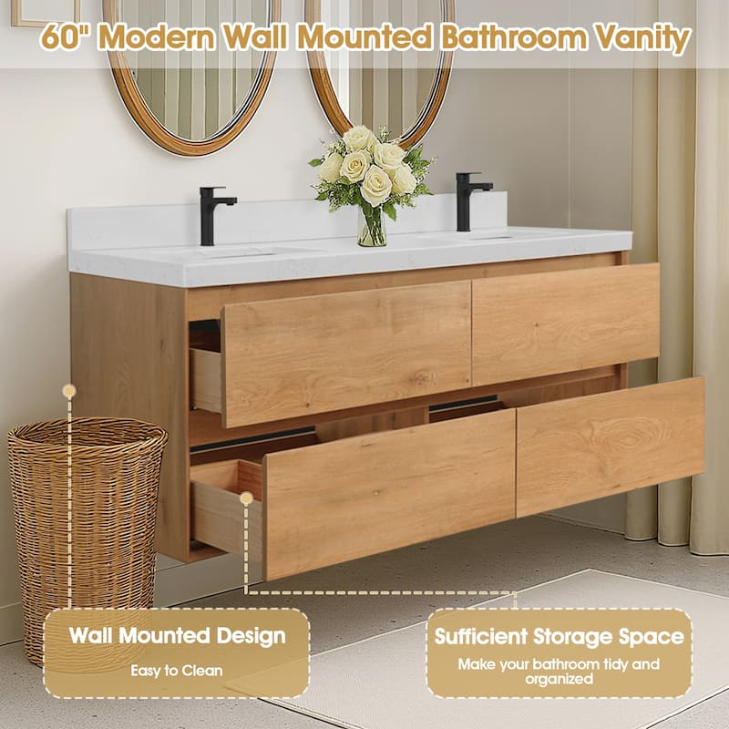 Sylphar 60 in. Toffee Oak Bath Vanity with Undermount Sink, 3 Top Options