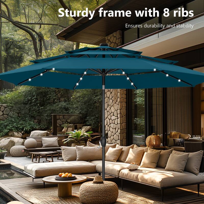 MAISON ARTS 10ft 3 Tier Auto-tilt Patio Umbrella Outdoor Double Vented Umbrella with LED Lights