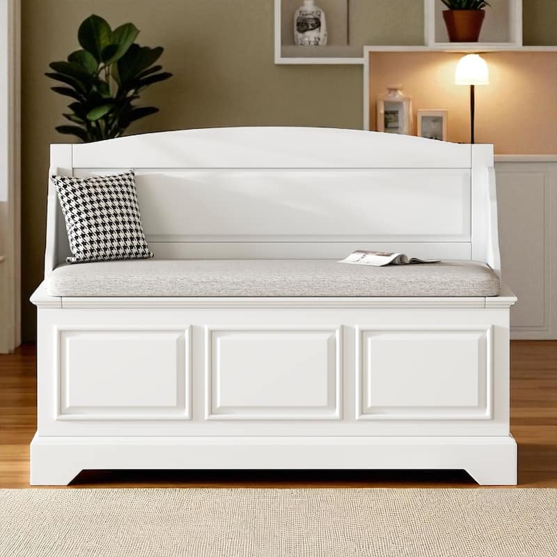 Retro Wooden Shoe Storage Bench with Linen Cushion, Safe Soft-Close Lift Top & Hidden Compartments for Entryway or Hallway - White