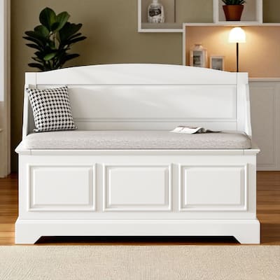 Retro Wooden Shoe Storage Bench with Linen Cushion, Safe Soft-Close Lift Top & Hidden Compartments for Entryway or Hallway