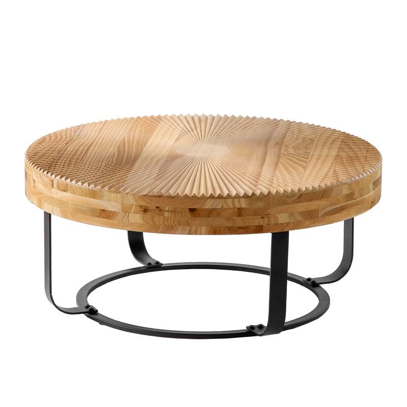24" Round Coffee Table with Metal Legs, Modern Carving Pattern Wood Table, Center Table for Living Room, Reception Room
