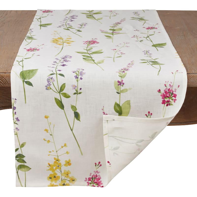 Linen Table Runner With Watercolor Floral Stem Design