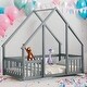 preview thumbnail 1 of 25, Twin Size Wood House-Shaped Floor Bed with Fence and Guardrails, Grey Grey