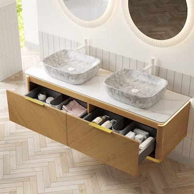 60" Floating Bathroom Vanity with Sensor Light and Marble Vessel Sink