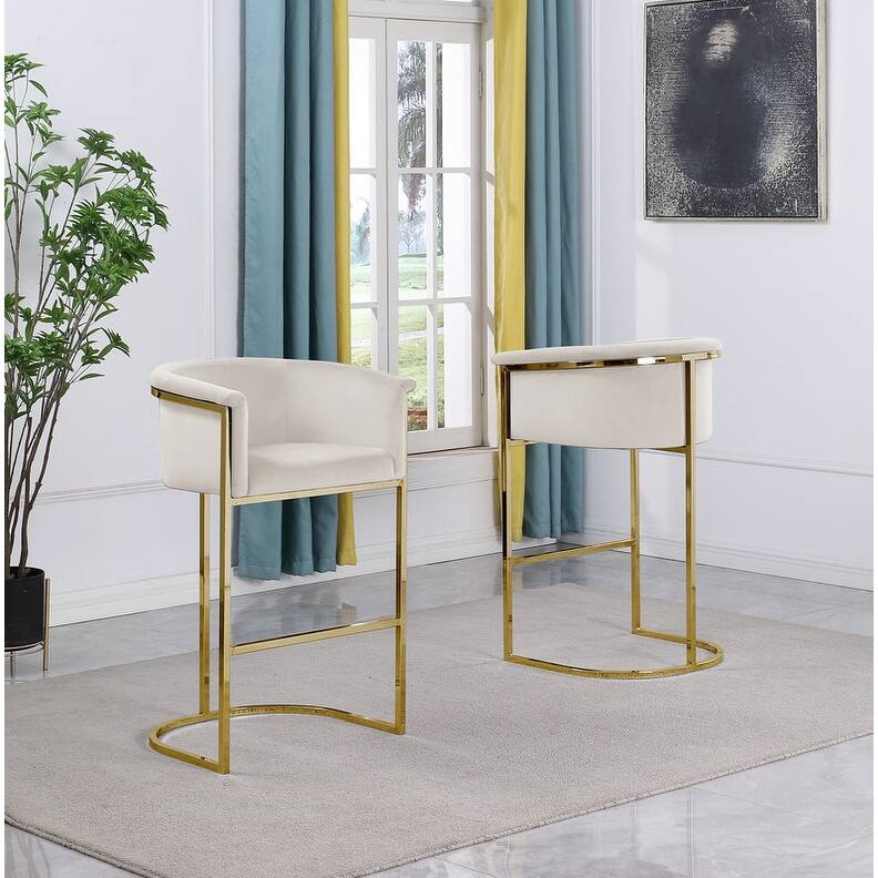 Best Quality Furniture Velvet Upholstered Barstool - Single - Cream and Gold - Bar Height - 29-32 in.