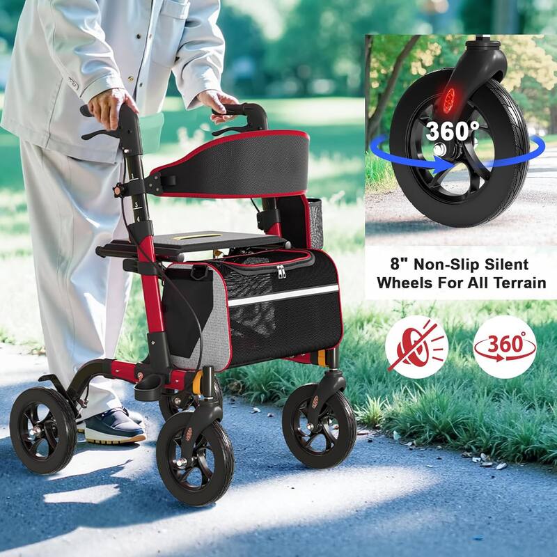 Walkers for Seniors, Rollator Walker with Seat, 350 lb Weight Capacity, 18" Big Seat, 8" All-Terrain Wheels - Red