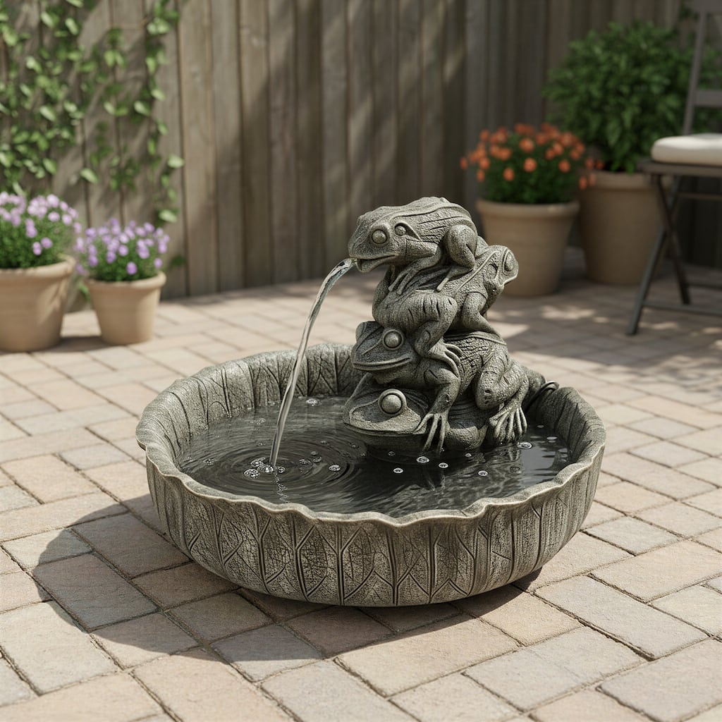 Resin Lotus Leaf Shaped Fountain with Frogs - 19.88"L x 19.88"W x 13.63"H